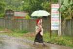 Old woman in the rain.